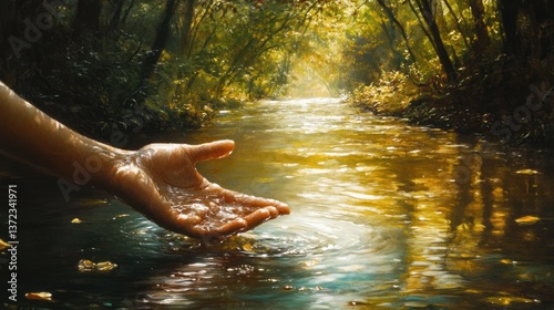 Obraz na płótnie Hand reaching into a forest stream, sunlight filtering through trees w salonie