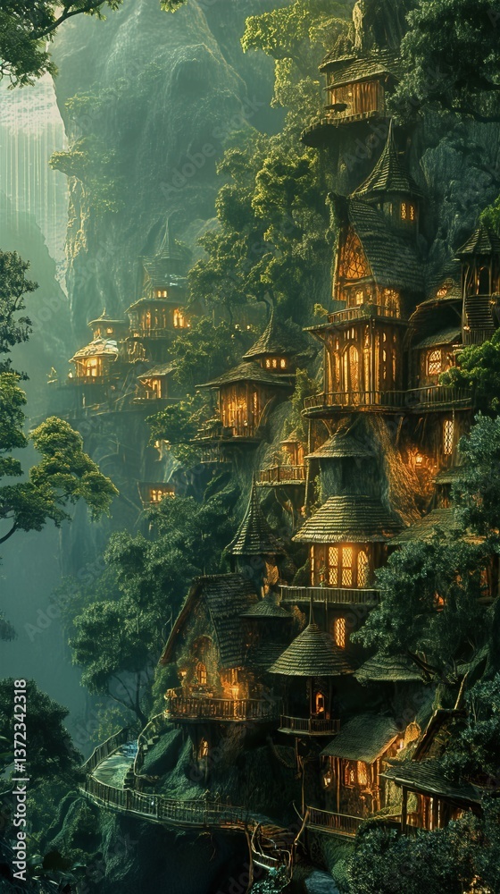 Fototapeta premium Asian Mountain Village with Traditional Pagoda Houses Built into Cliffside with Glowing Windows, Fantasy Digital Art Wallpaper