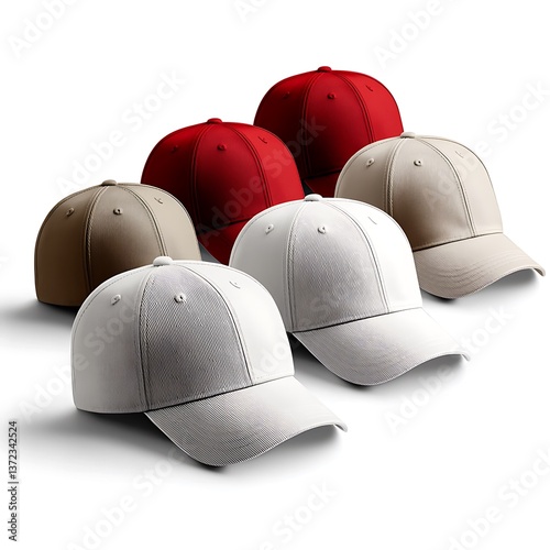 Six colorful baseball caps are arranged against a white background