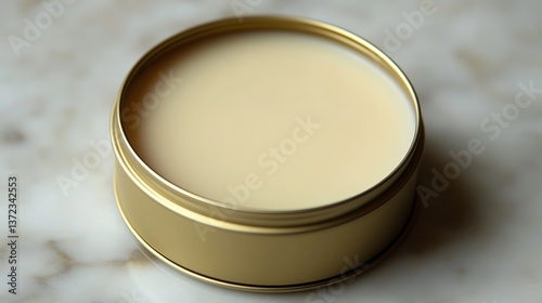 A golden container filled with a creamy and smooth substance