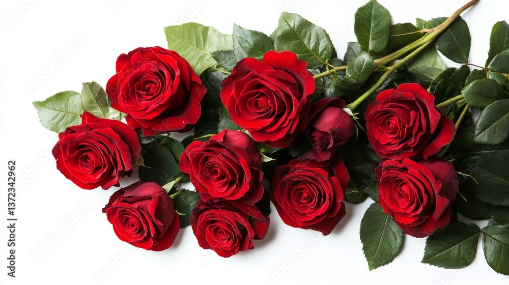 Obraz premium Three Fresh Red Roses with Green Leaves Isolated on White Background, Top View.