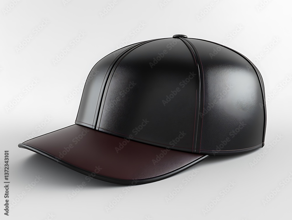 A black and brown leather baseball cap displayed on a surface A black and brown leather baseball cap displayed on a surface