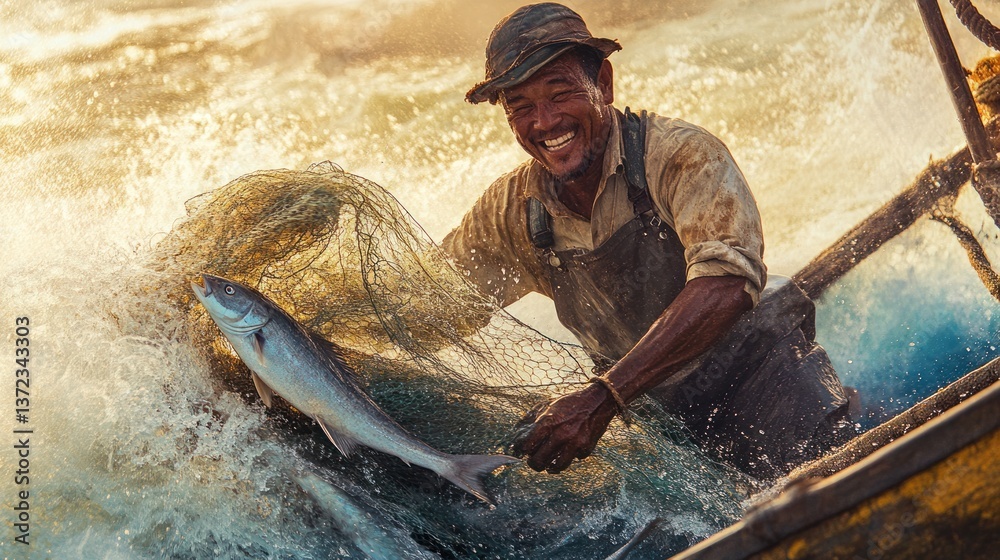 Happy fisherman pulling fish from net in rough ocean sunset