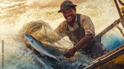 Obraz na płótnie Happy fisherman pulling fish from net in rough ocean sunset w salonie