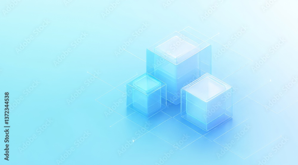 Isometric view of blue frosted glass and white acrylic, data center icon with three cubes on top, minimalist design, light background, soft lighting, high-resolution photography Isometric view of blue frosted glass and white acrylic, data center icon with three cubes on top, minimalist design, light background, soft lighting, high-resolution photography