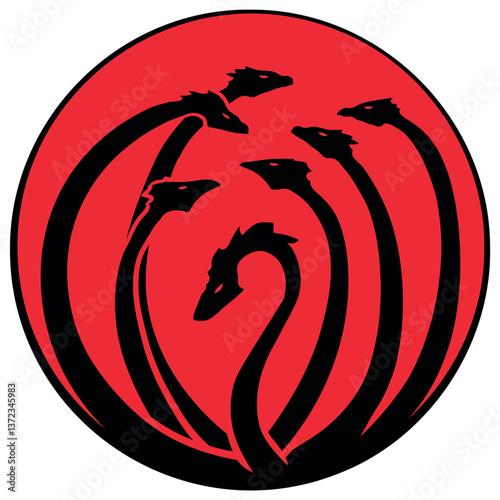 Hydra silhouette with seven snake heads on red circular background