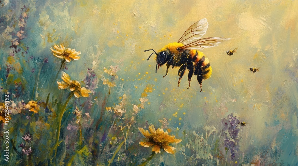Honeybee in flight amidst wildflowers, artistic meadow scene