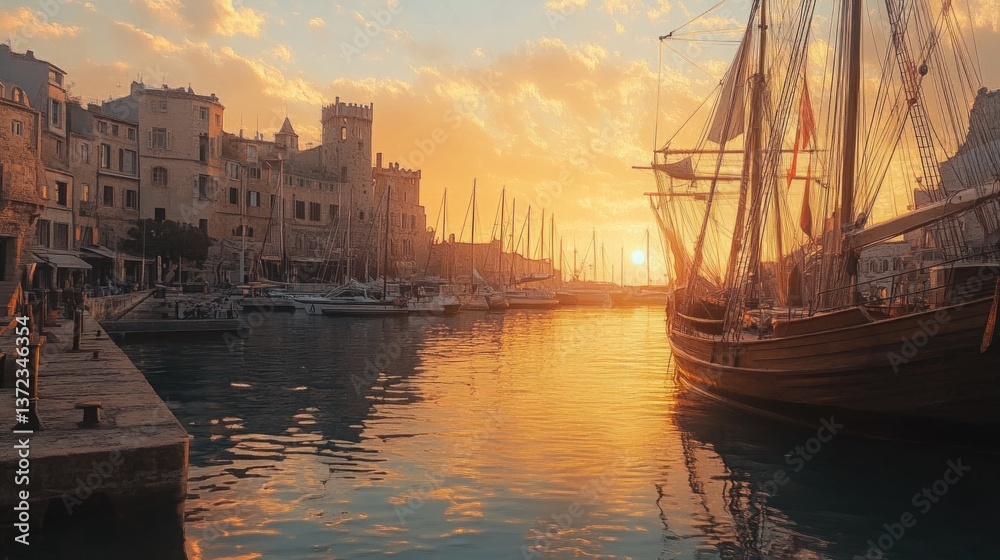 Historic harbor sunset, medieval ship, charming town, boats at dock