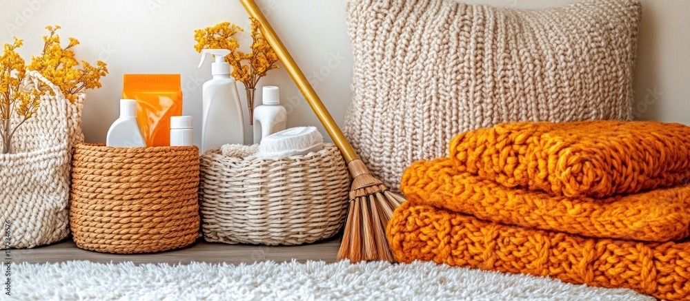 Home Organization with Wicker Baskets, Knitted Throws, and Cleaning Supplies
