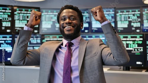 Successful American businessman in a suit smiles widely and raises his hands up in triumph in victory. Monitors display financial data and charts.
