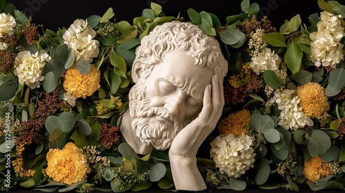 detailed sculpture depicting a man resting his chin on his hand, showcasing a thoughtful expression. Surrounding the sculpture are lush flowers and greenery, enhancing the tranquil atmosphere