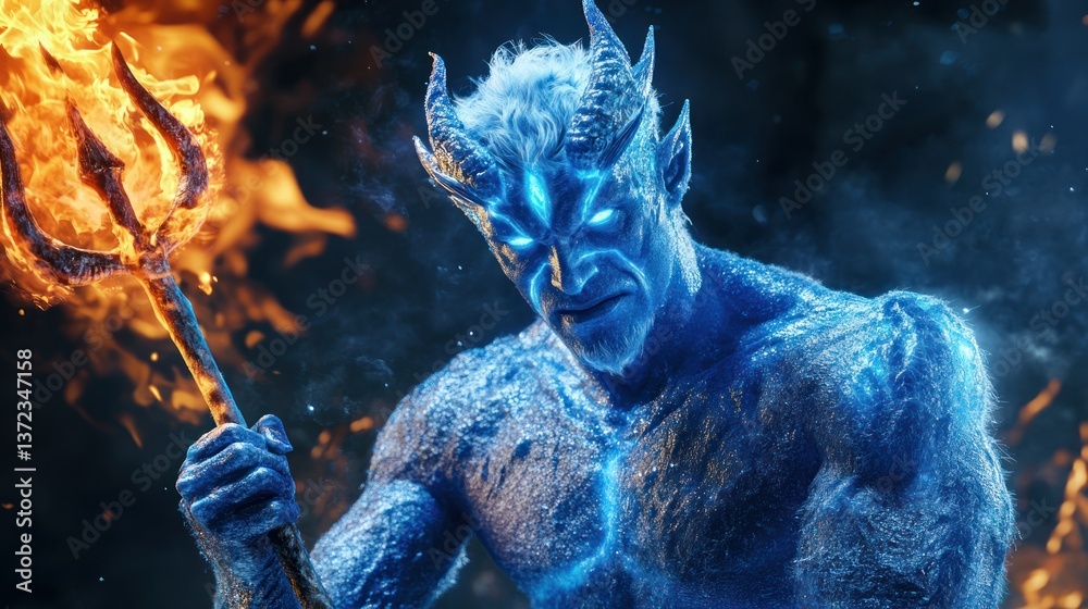 Ice Demon with Fire Trident in Dark Fantasy Setting