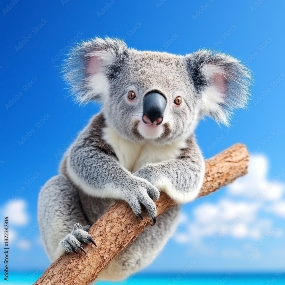 Naklejka premium Adorable koala bear perched on a tree branch against a vibrant blue sky and turquoise water. The koala's fluffy fur and expressive face are highlighted.