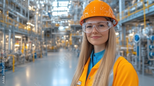 A woman wearing a bright orange hard hat and protective glasses stands proudly in a large industrial plant filled with machinery. She represents safety and professionalism in her environment