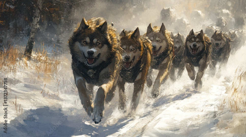 Husky sled dog team racing through snowy forest trail