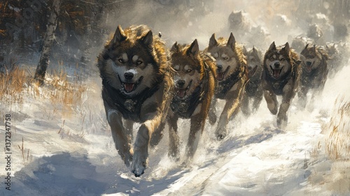 Obraz na płótnie Husky sled dog team racing through snowy forest trail w salonie