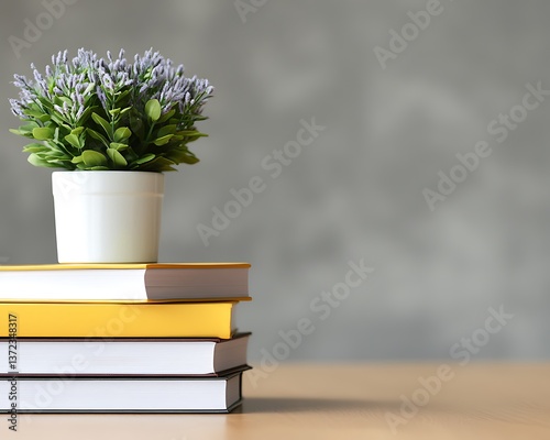 A small potted plant sits atop a stack of books