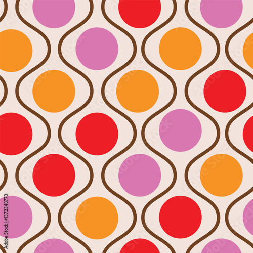 Retro mid century colorful circles on ogee shapes seamless pattern in orange, red and pink. For home décor, wallpaper and fabric