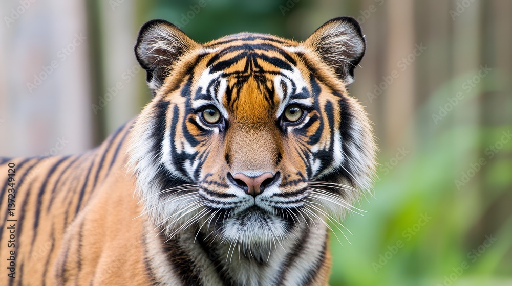 Naklejka premium Close up of a majestic tiger with intense gaze, orange and black stripes, and a blurred green background. The tiger's fur appears detailed and its expression is serious.