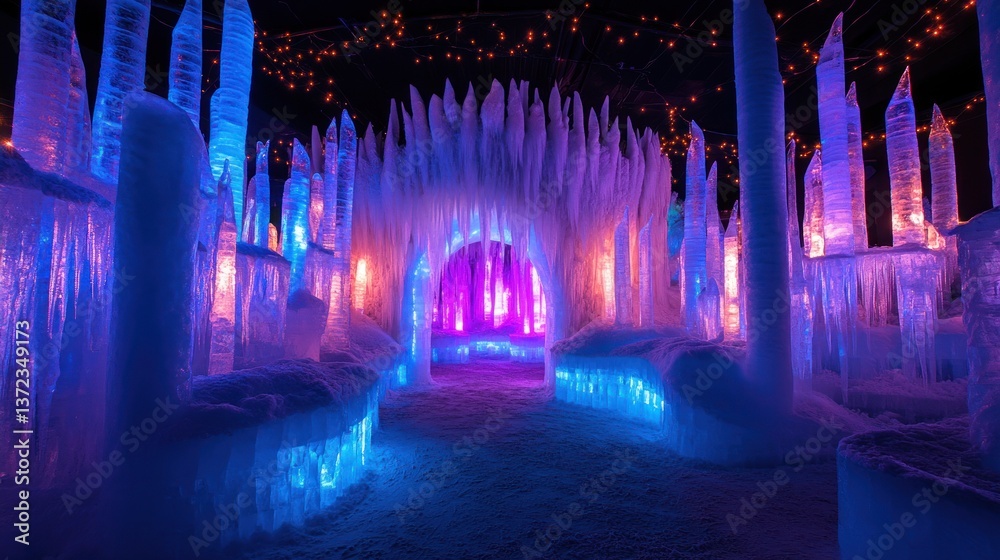 Illuminated Ice Structures, Winter Wonderland, Frozen City, Night Display