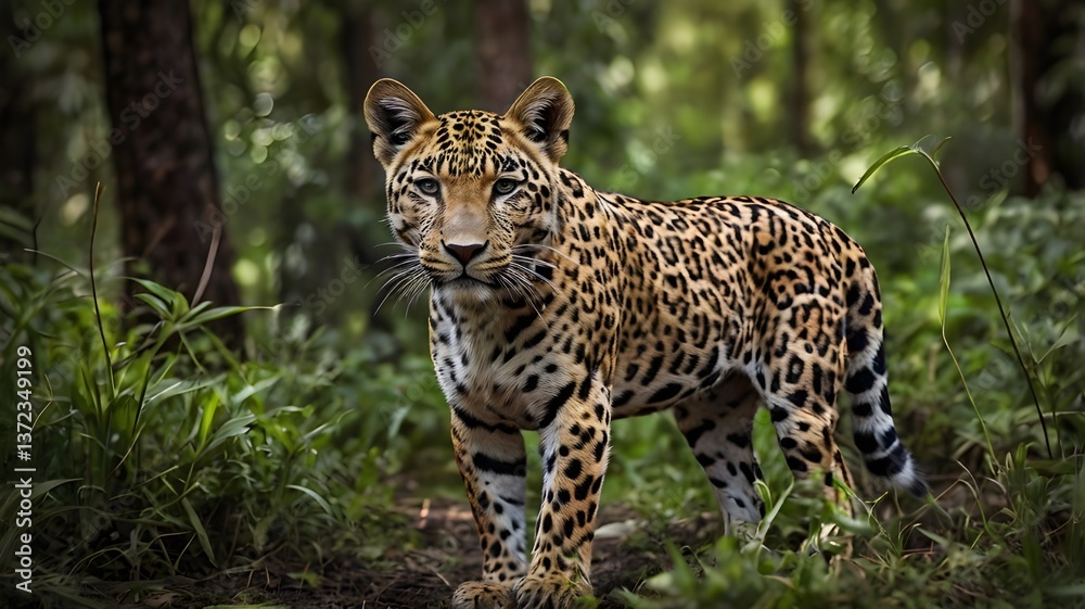 raceful Leopard Standing Alert in the Heart of the Forest, Facing Forward. A Powerful and Elegant Predator in Its Natural Woodland Habitat, Captured in a Moment of Vigilance. raceful Leopard Standing Alert in the Heart of the Forest, Facing Forward. A Powerful and Elegant Predator in Its Natural Woodland Habitat, Captured in a Moment of Vigilance.