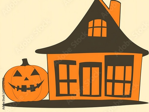 An illustrated pumpkin and house designed for the spooky holiday celebration