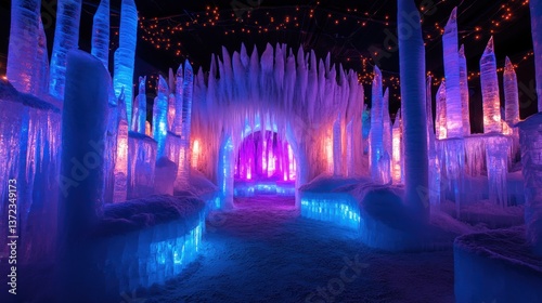 Obraz na płótnie Illuminated Ice Structures, Winter Wonderland, Frozen City, Night Display w salonie