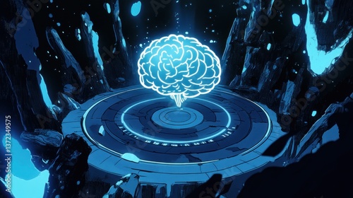 Illuminated brain on futuristic pedestal, dark rocky background