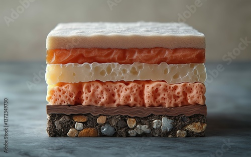 Cross-section revealing intricate layers, textures, and colors. A captivating visual study of stratified materials.