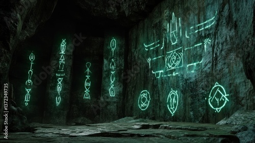 Obraz na płótnie Illuminated cave wall carvings, ancient symbols glow, dark cavern interior w salonie