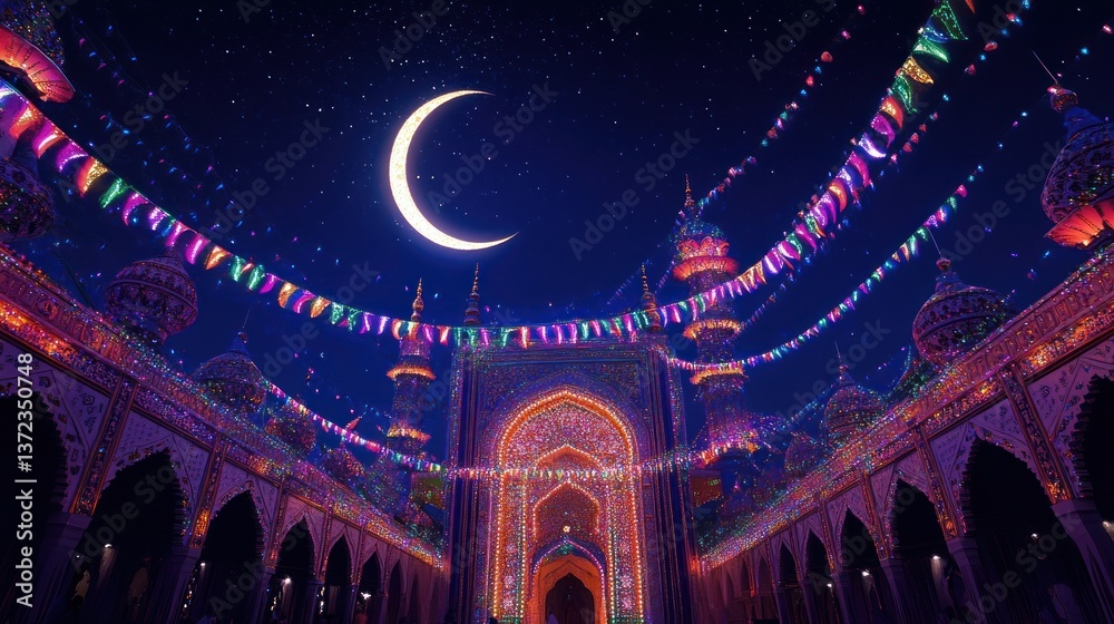 Illuminated Mosque at Night, Crescent Moon, Festive Decorations