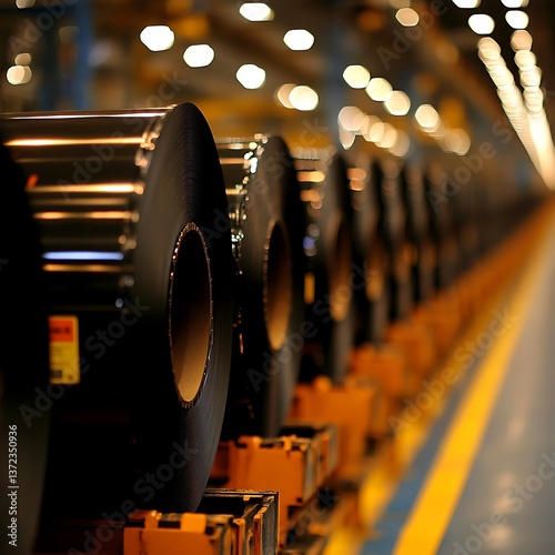 Large rolls of metal are lined up in the factory