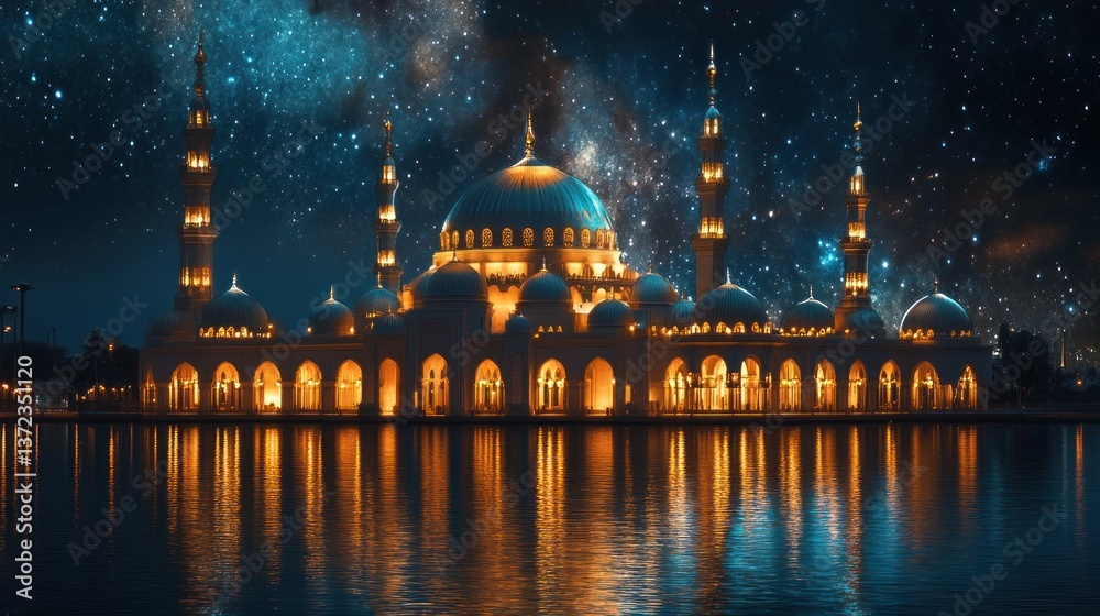 Illuminated Mosque at Night Reflecting on Water with Starry Sky