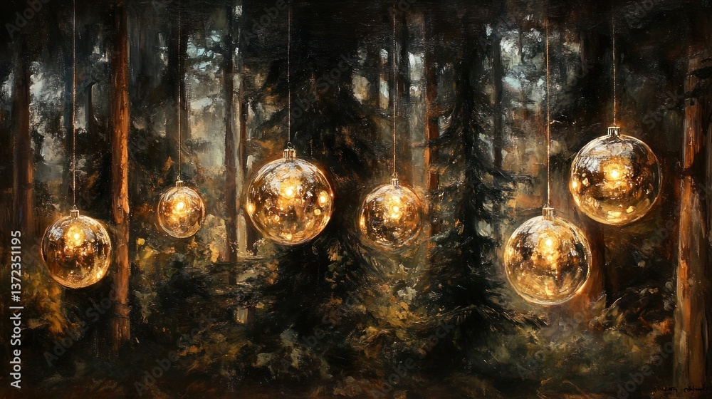 Illuminated orbs hang in a dark forest
