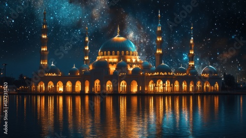 Obraz na płótnie Illuminated Mosque at Night Reflecting on Water with Starry Sky w salonie