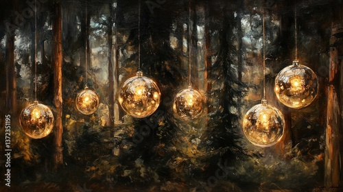 Obraz na płótnie Illuminated orbs hang in a dark forest w salonie