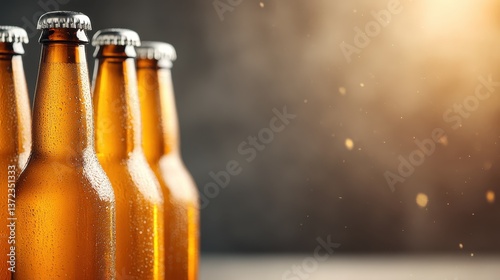 Foto This image captures several cold beer bottles glistening with condensation, signaling freshness and an enjoyable experience for beer lovers and social gatherings
