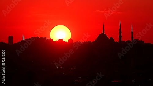 A radiant sunset illuminates a city skyline with prominent silhouette