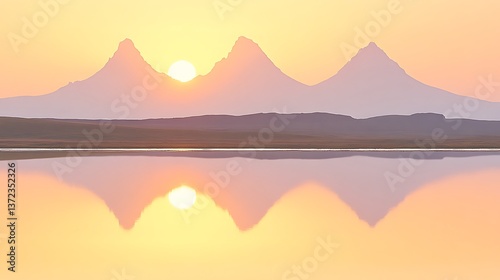 Mountain silhouettes reflected in the still water during a beautiful sunset
