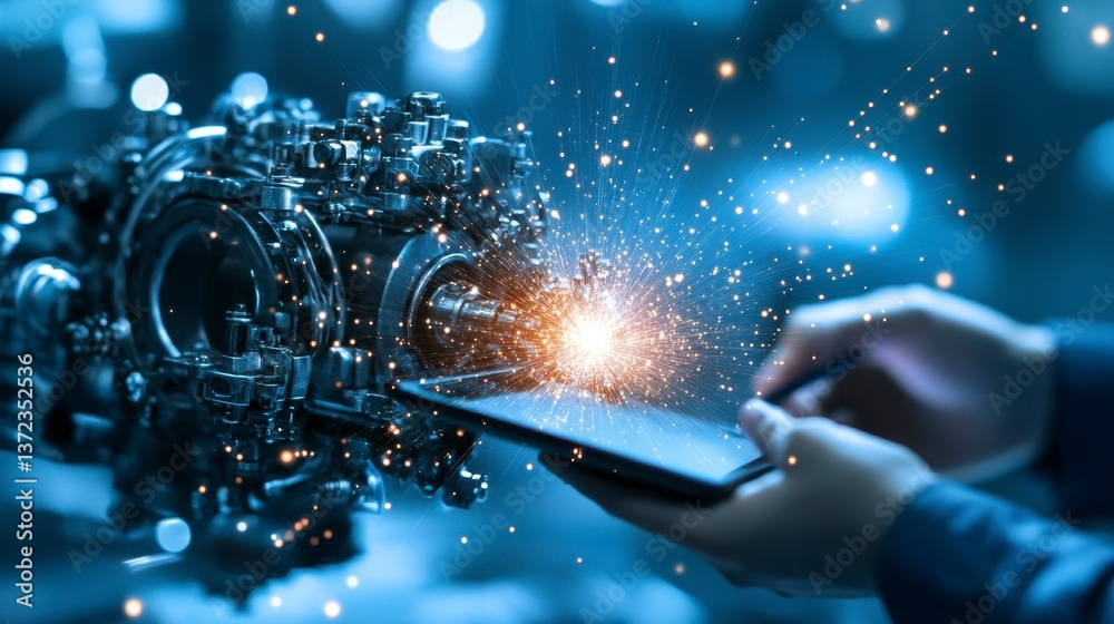 Fototapeta premium Close up of hands using a tablet near a complex robotic arm with sparks, set against a dark blue background. The scene is lit with a futuristic feel.