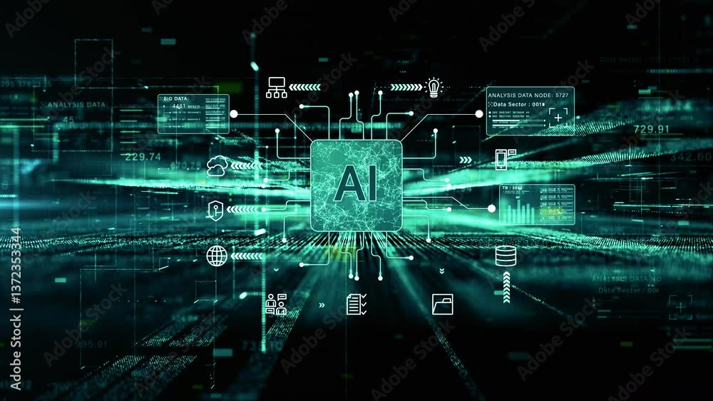 Futuristic AI interface with data analytics, Technology digital network connection, Artificial intelligence, deep learning, and big data technology. Motion abstract background 4K