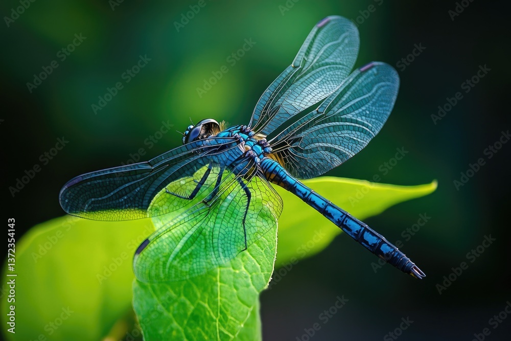 A detailed view of a dragonfly perched gracefully on a vibrant green leaf. A detailed view of a dragonfly perched gracefully on a vibrant green leaf.