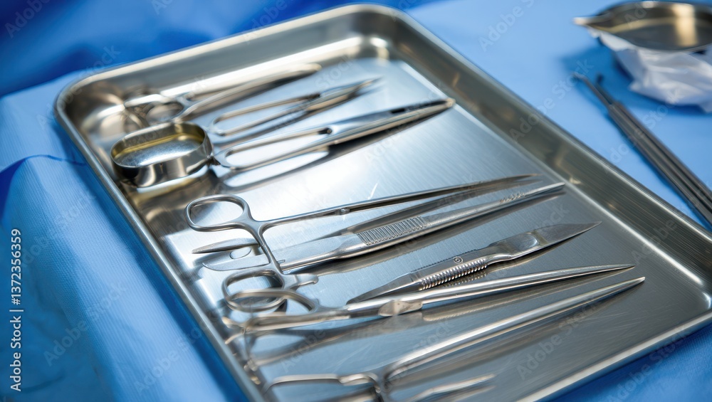 Surgical instruments are neatly placed on a stainless steel tray in a clean medical setting. The tray holds various tools including scissors and clamps, prepared for use Surgical instruments are neatly placed on a stainless steel tray in a clean medical setting. The tray holds various tools including scissors and clamps, prepared for use