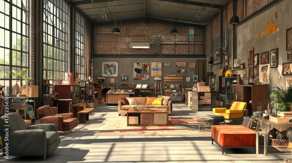 Industrial loft interior with art and furniture, sunlit space