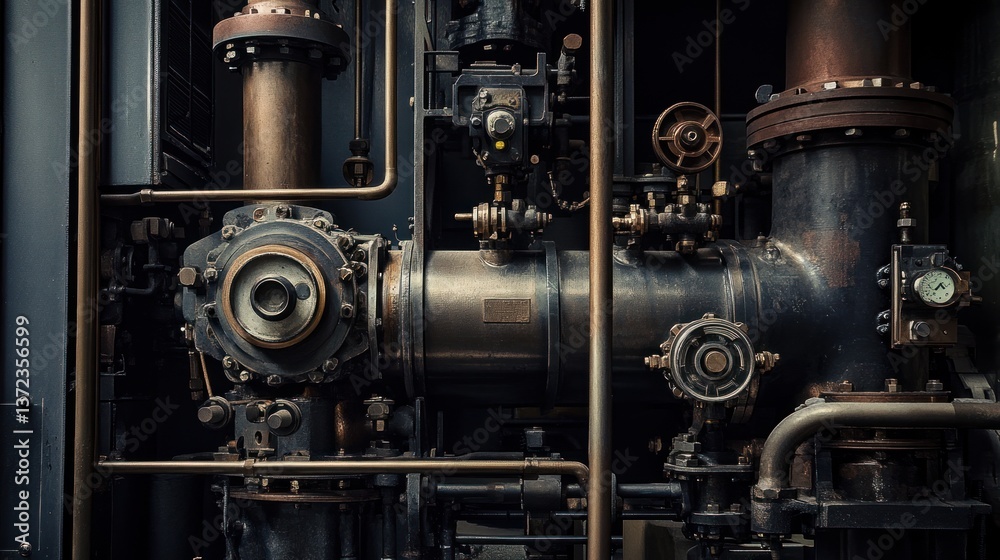 Industrial machinery, close-up view, factory, background with pipes and valves