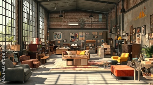 Obraz na płótnie Industrial loft interior with art and furniture, sunlit space w salonie