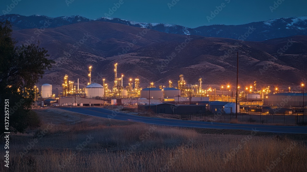 Industrial plant at dusk, mountains in background, rural road