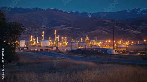 Obraz na płótnie Industrial plant at dusk, mountains in background, rural road w salonie