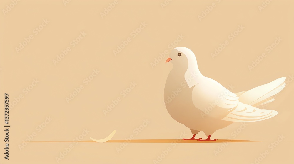 Fototapeta premium A vector illustration of a white dove with a single feather on the ground in front of it. The dove is facing to the left of the viewer.