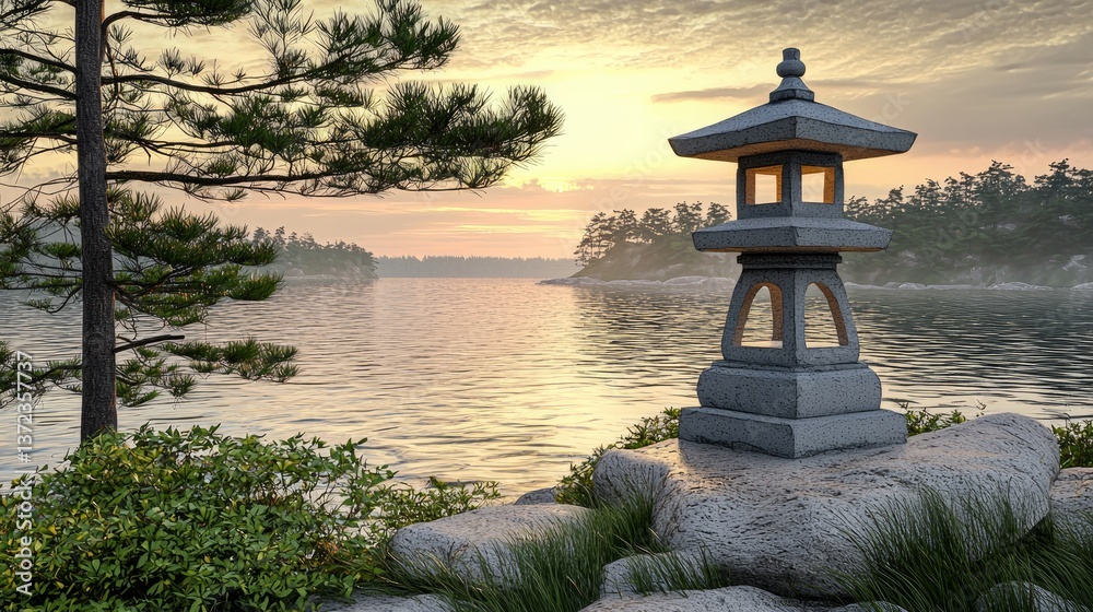 Naklejka premium Sunrise Over Calm Lake With Stone Pagoda Lantern